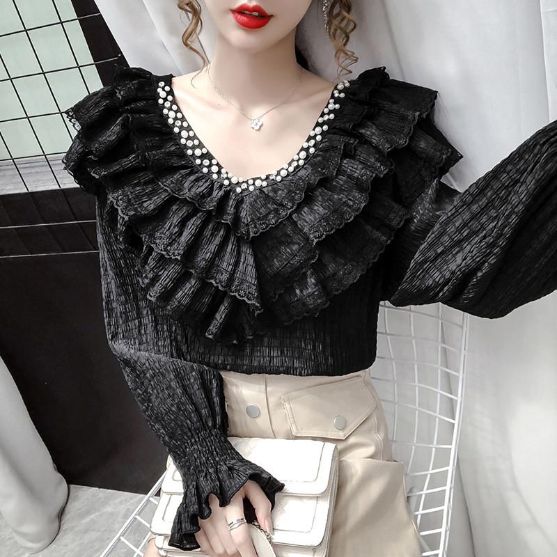 Изображение товара: Женская блузка с длинным рукавом, кружевная блузка с оборками и бантом, Короткие топы, весна-осень 2020, AB1961