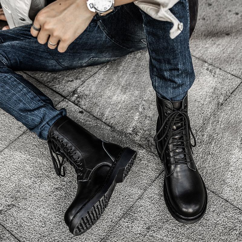 Изображение товара: Мужские ботинки из натуральной кожи, черные мотоциклетные ботинки, теплые меховые сапоги, большой размер 38-48, для зимы