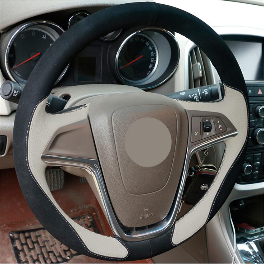 Изображение товара: Сшитый вручную черный замшевый бежевый кожаный Противоскользящий чехол рулевого колеса автомобиля для Opel Astra (J) 2010-2015 Ampera 2012-2015 Meriva