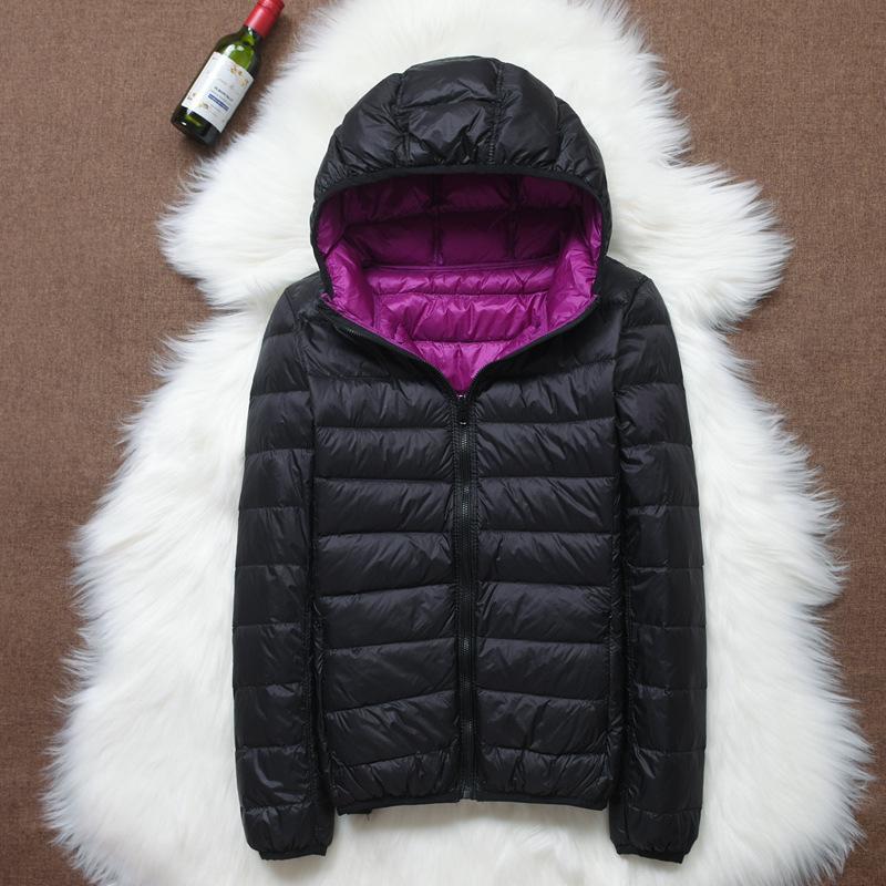 Изображение товара: Зимние женские короткие куртки, пуховик, женский, ультра-светильник, тонкая, с капюшоном, базовая одежда из хлопка с перьями, двухстороннее, двустороннее, теплое пальто