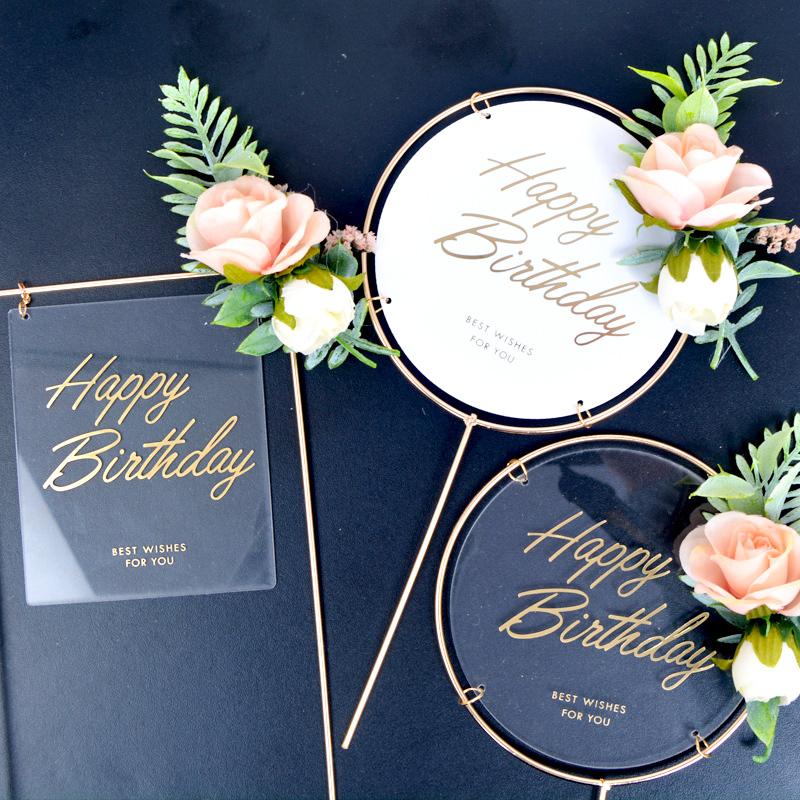 Изображение товара: Украшение на день рождения, акриловый цветочный Топпер для торта на день рождения, черный прозрачный Топпер, принадлежности для украшение торта, выпечки