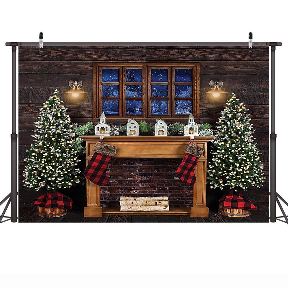 Изображение товара: Рождественский фон для фотосъемки с окном Рождественская елка зимний фон для семейвечерние носок деревенская деревянная стена светильник камин фотосессия