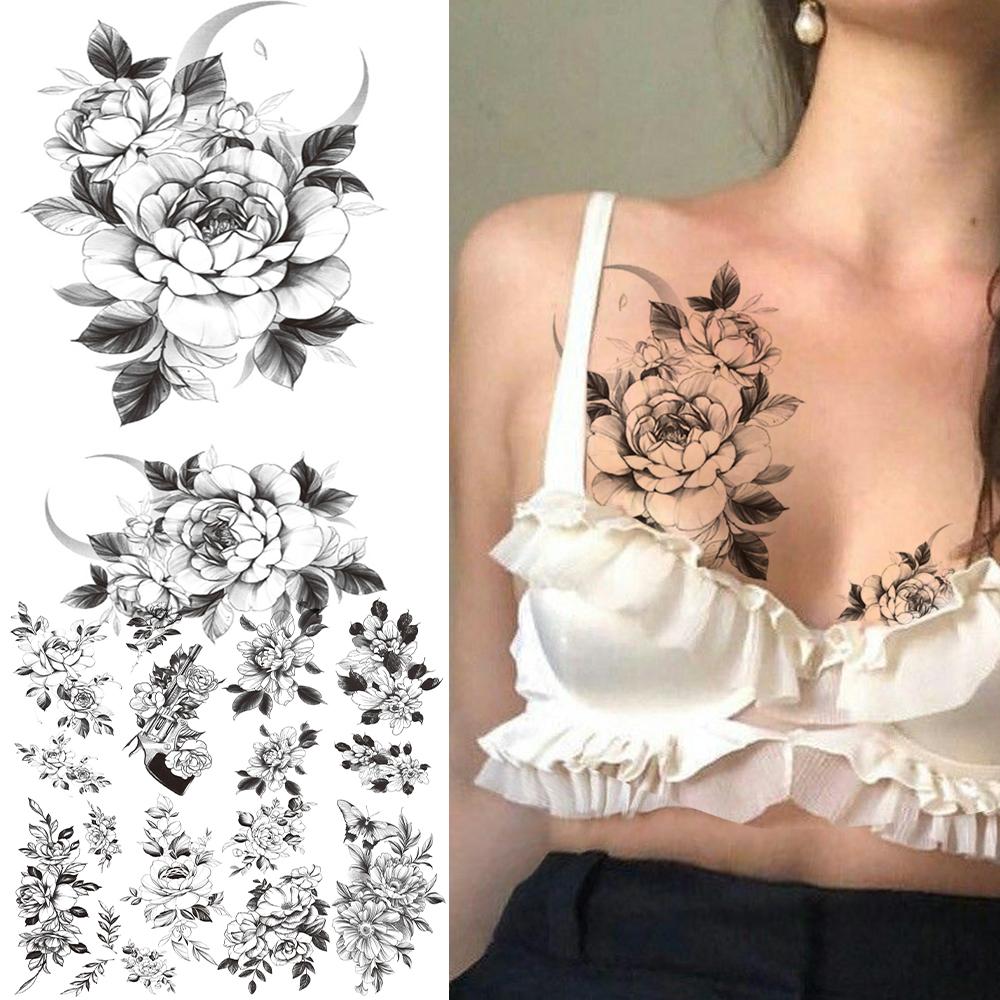 Изображение товара: Реалистичная Луна Роза поддельные татуировки наклейки для женщин и девочек взрослый черный пистолет бабочка Далия Временные татуировки предплечье тату искусство