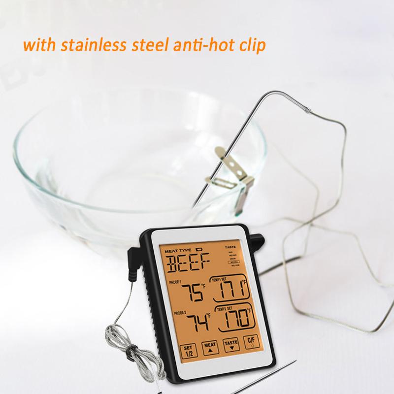 Изображение товара: Умный термометр для барбекю, цифровой термометр для духовки с сенсорным экраном для приготовления пищи, коптильня для мяса, с двумя зондами из нержавеющей стали
