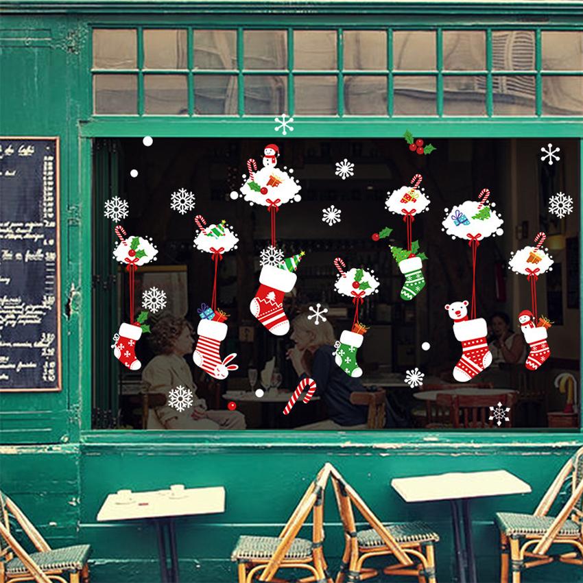 Изображение товара: Счастливого Рождества Декор наклейки Санта Клаус олень Рождественская елка со снежинками, наклейки на стену, окна украшения с утолщённой меховой опушкой, Новый год Декор