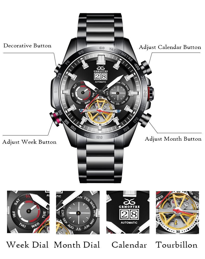 Изображение товара: Автоматические часы для мужчин механические Спортивные часы для мужчин Wirstwatch Tourbillon браслет из нержавеющей стали Reloj hombres 2020 GRMONRE
