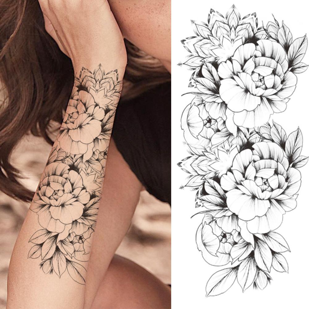 Изображение товара: Цветок, временные татуировки для женщин, девушек, искусственные георгины, черная Роза, пион, реалистичные татуировки, наклейки на предплечье, Переводные татуировки