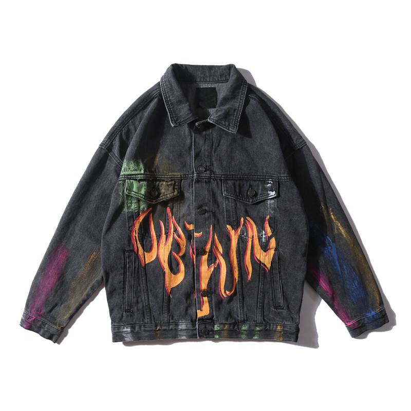 Изображение товара: Джинсовая куртка с принтом радужного граффити, Повседневная Уличная одежда в стиле хип-хоп, куртка-бомбер из денима, модный топ синего и черного цвета