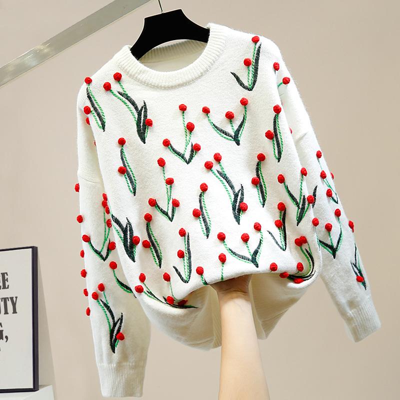 Изображение товара: Женский свободный пуловер с трехмерной вышивкой, свитер с цветочным украшением, зимняя одежда, повседневная вязаная рубашка, свитера