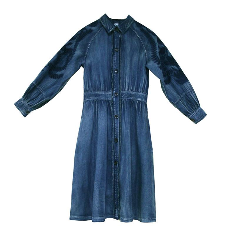 Изображение товара: Осеннее женское джинсовое платье QN2202, женские облегающие платья с отложным воротником, винтажное платье с вышивкой и длинным рукавом, Vestidos