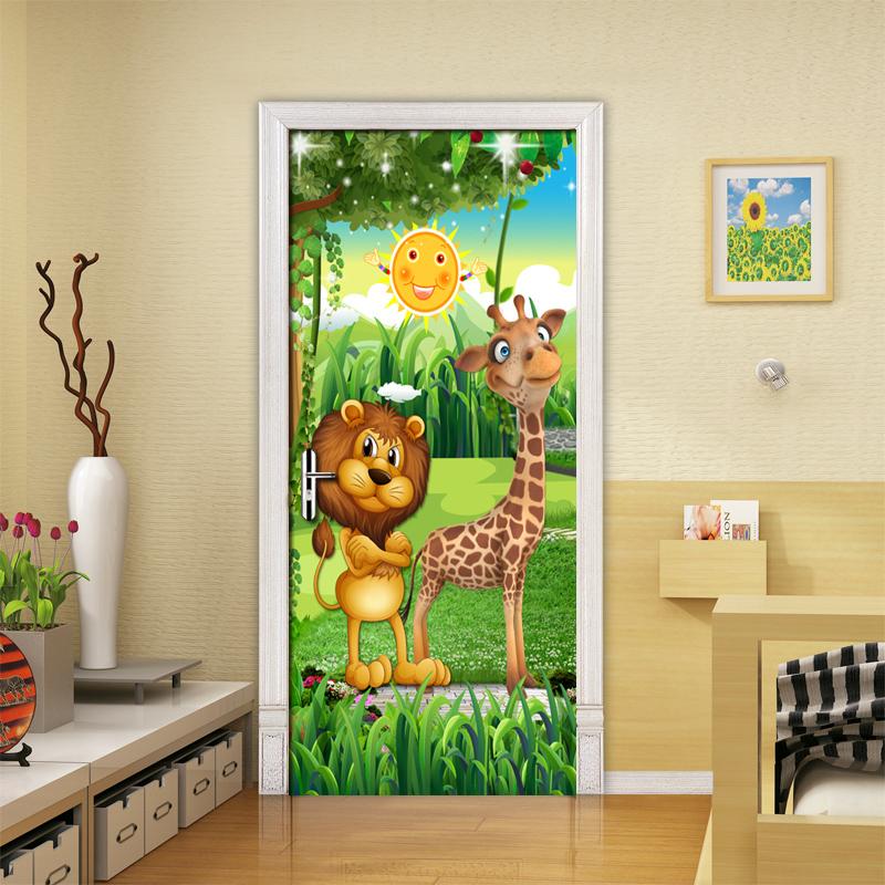 Изображение товара: 3D лес мультфильм Животные Лев Жираф детская комната Спальня дверь украшение стикер Настенная роспись обои самоклеящиеся