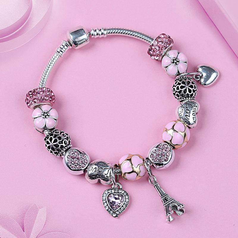 Изображение товара: Европейский и американский стиль, розовое сердце, хрустальные браслеты из бисера, Винтажный серебряный цвет, Эйфелева башня, любовь, браслеты и браслеты