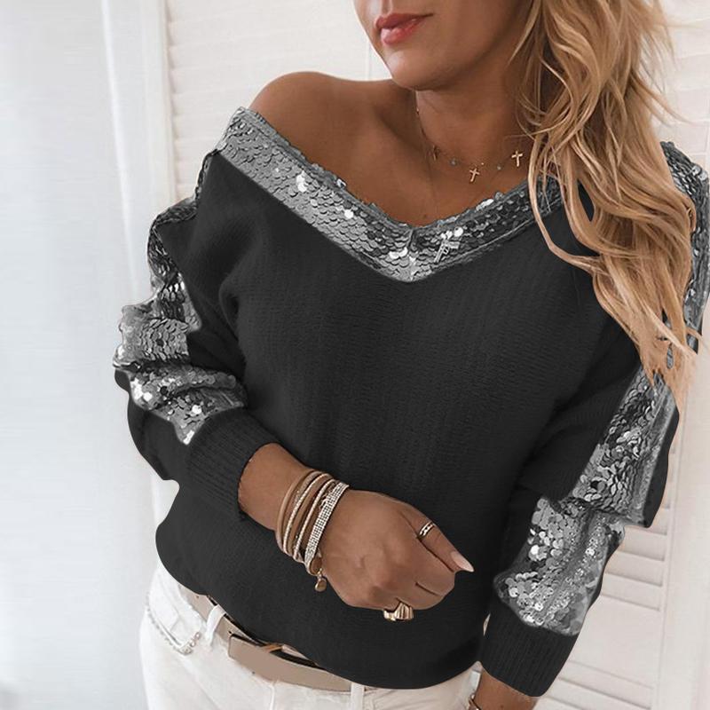 Изображение товара: Женский свитер с блестками, элегантный Однотонный пуловер с открытыми плечами, Повседневный свитер с длинным рукавом, Осень-зима 2020