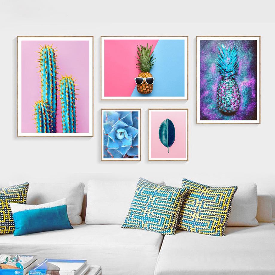 Изображение товара: Живопись для украшения дома, яркие цвета, кактус, ананас, растение, холст, живопись, украшение для гостиной, суккуленты, синий и розовый