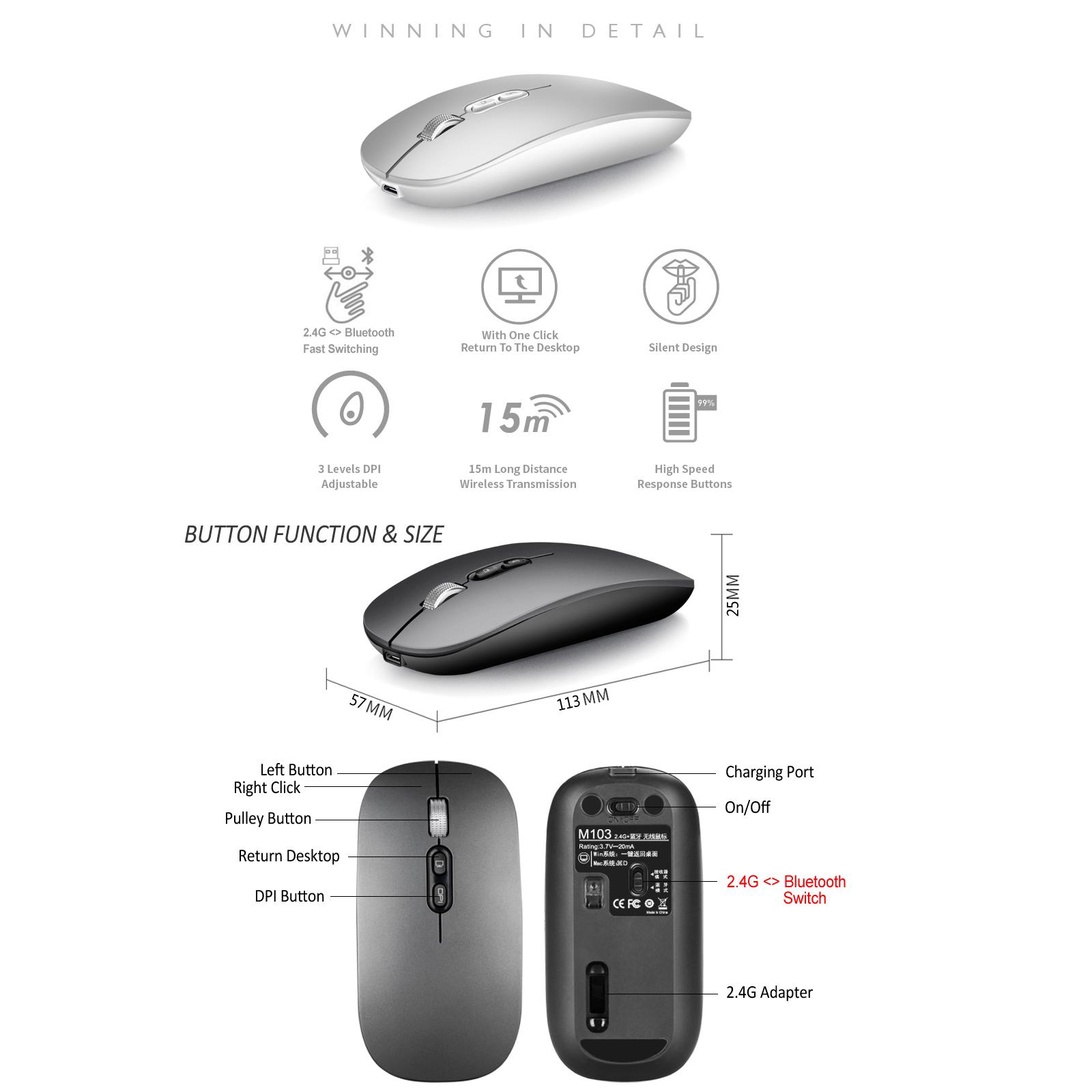 Изображение товара: Элегантная перезаряжаемая Bluetooth 5,0 Беспроводная Бесшумная оптическая мышь с двойным режимом 2,4G Бесшумная эргономичная мышь для ноутбука