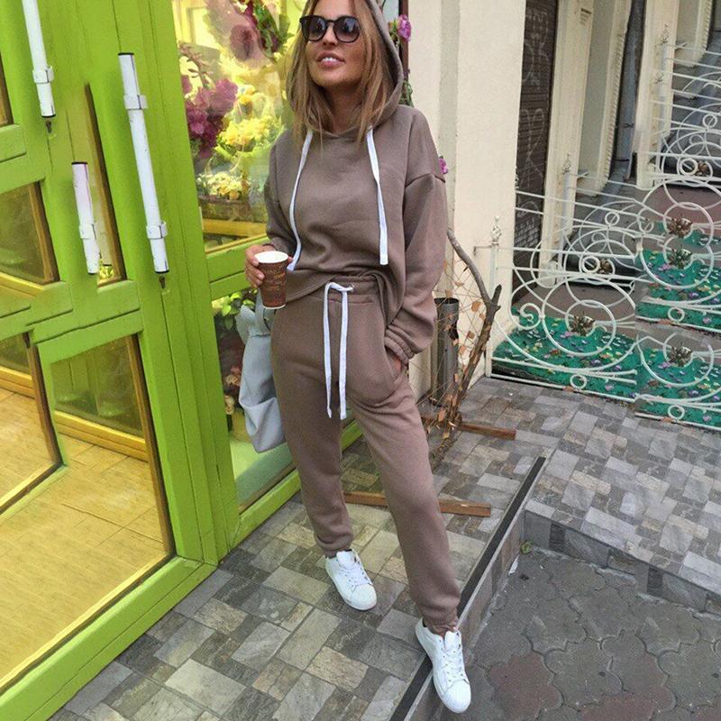 Изображение товара: 2 piece sets New fashion Casual suits autumn hooded pullover fleece & loose pants two-piece set women solid hoodies + trousers