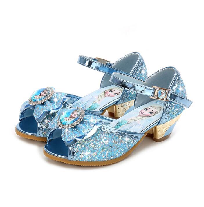 Изображение товара: Детские сандалии с дизайном «Эльза» для девочек, детские высокий каблук, блестящая обувь с бантом, летние сандалии принцессы для танцев, свадебные туфли
