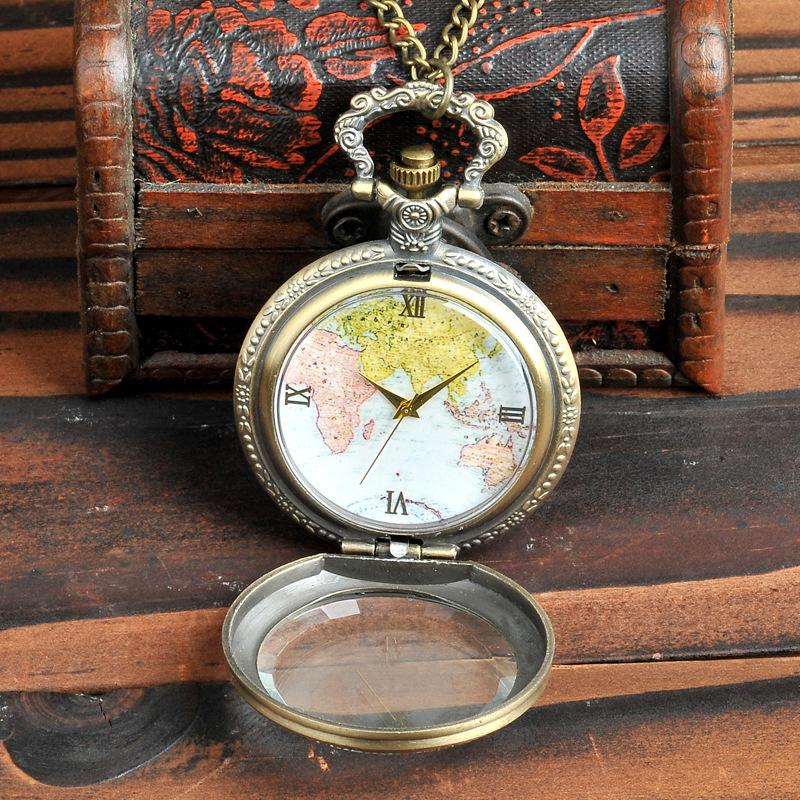 Изображение товара: 9015 мода хорошего качества кварцевые часы ожерелье Винтаж бронзовый карта мира прозрачное стекло карманные часы