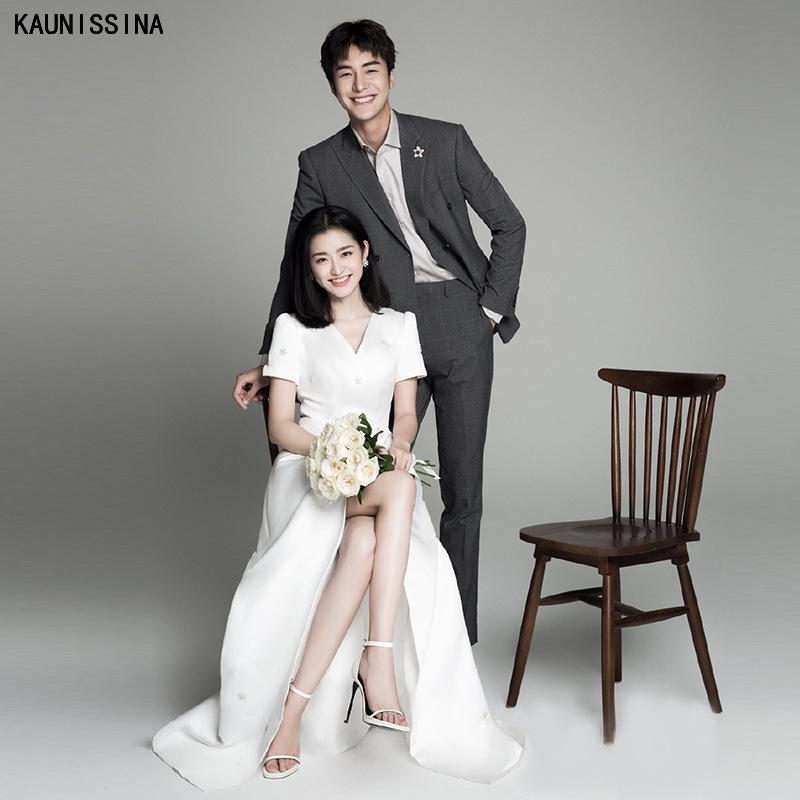Изображение товара: New Satin White Wedding Dress Simple Bride Dresses Short Sleeve A line Embroidery Flowers Korean Bridal Gown Vestido Novia Boho