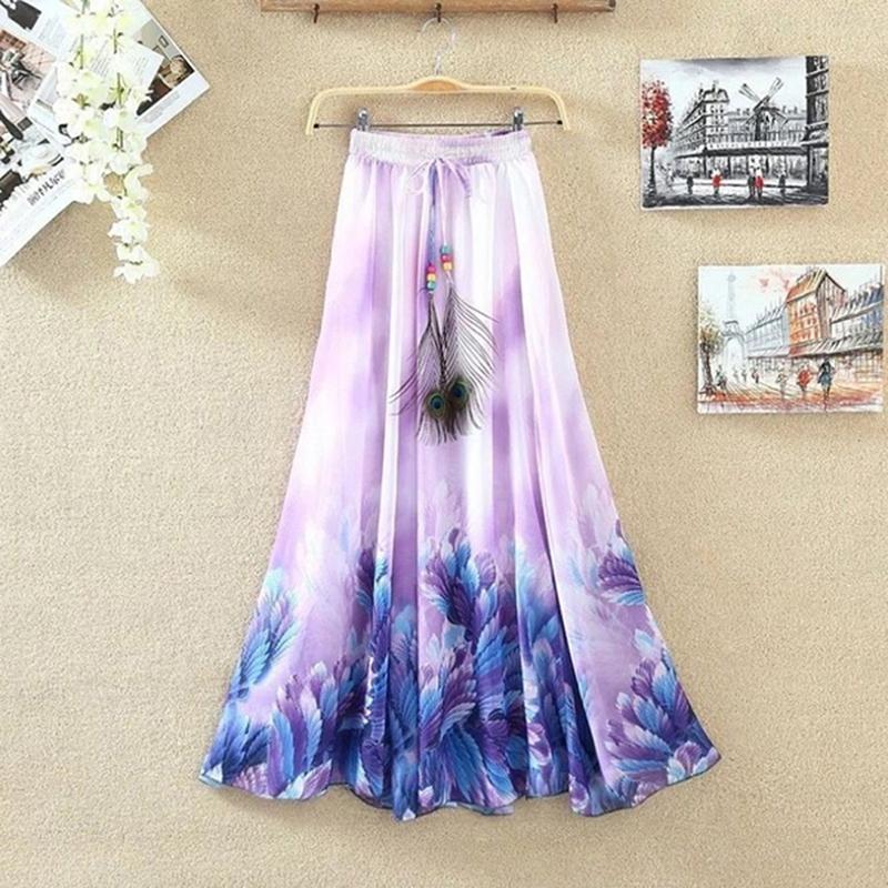 Изображение товара: Женская длинная юбка с цветочным принтом, Повседневная шифоновая пляжная юбка в стиле бохо с эластичной завышенной талией, 3 цвета, на лето