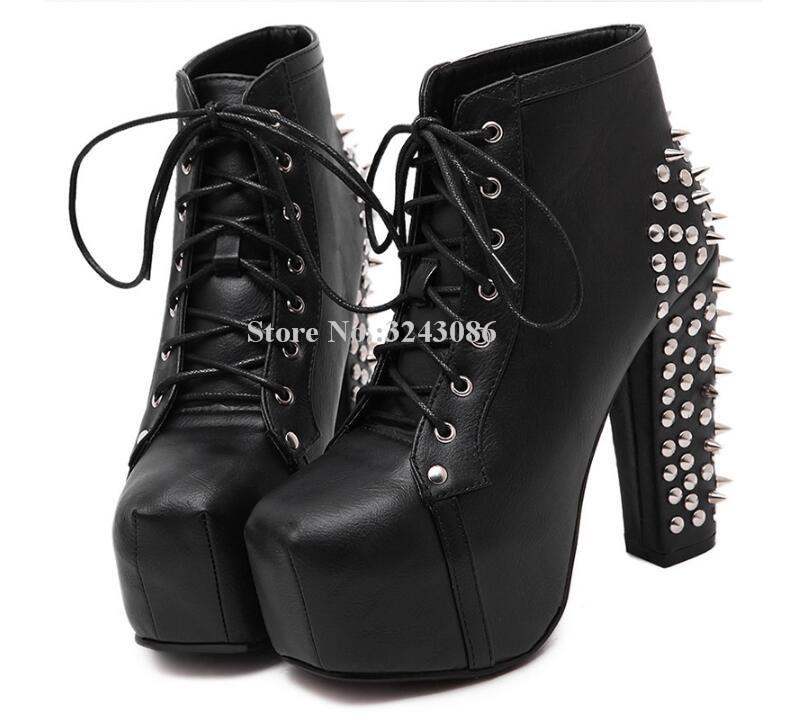 Изображение товара: Женские черные кожаные ботильоны с заклепками, модные короткие ботинки на шнуровке и массивном каблуке с шипами, Женские Классические вечерние ботинки больших размеров