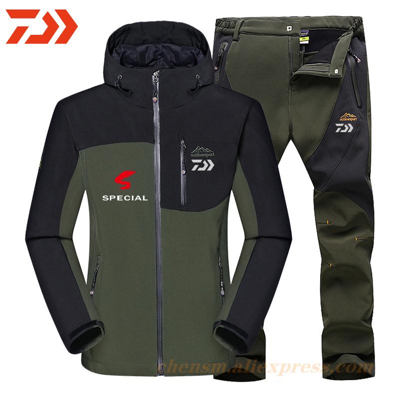 Изображение товара: Новинка 2021, мужские зимние водонепроницаемые комплекты одежды для рыбалки Dawa, теплая флисовая походная одежда, костюмы, уличная Треккинговая рыболовная куртка + штаны