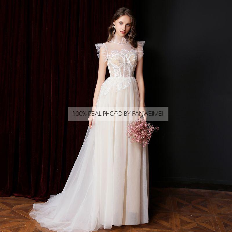 Изображение товара: Винтажное кружевное свадебное платье FANWEIMEI #4049 без рукавов с воротником-стойкой цвета шампанского