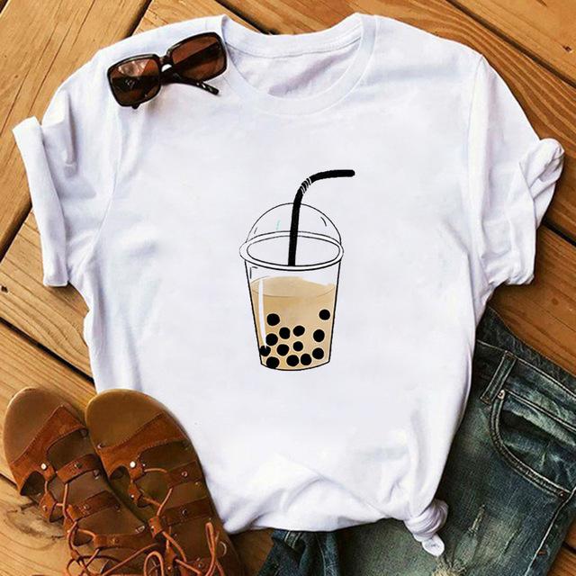 Изображение товара: Женская футболка с коротким рукавом, белая, с изображением молочного чая, летняя, размера плюс