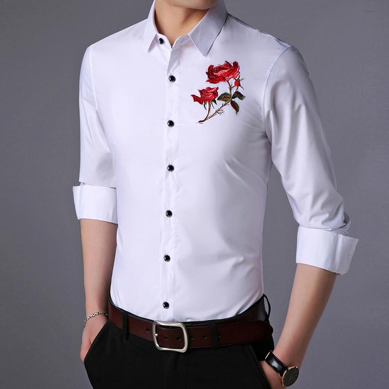 Изображение товара: Новые мужские платья с вышивкой, осенне-весенние Рубашки с цветочным рисунком, с длинным рукавом, мужская повседневная одежда с цветами