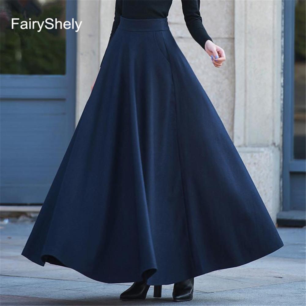 Изображение товара: FairyShely 2022 осень-зима ретро плиссированная юбка с высокой талией, женская повседневная шерстяная Макси-юбка с карманами, женская красная длинная Расклешенная юбка