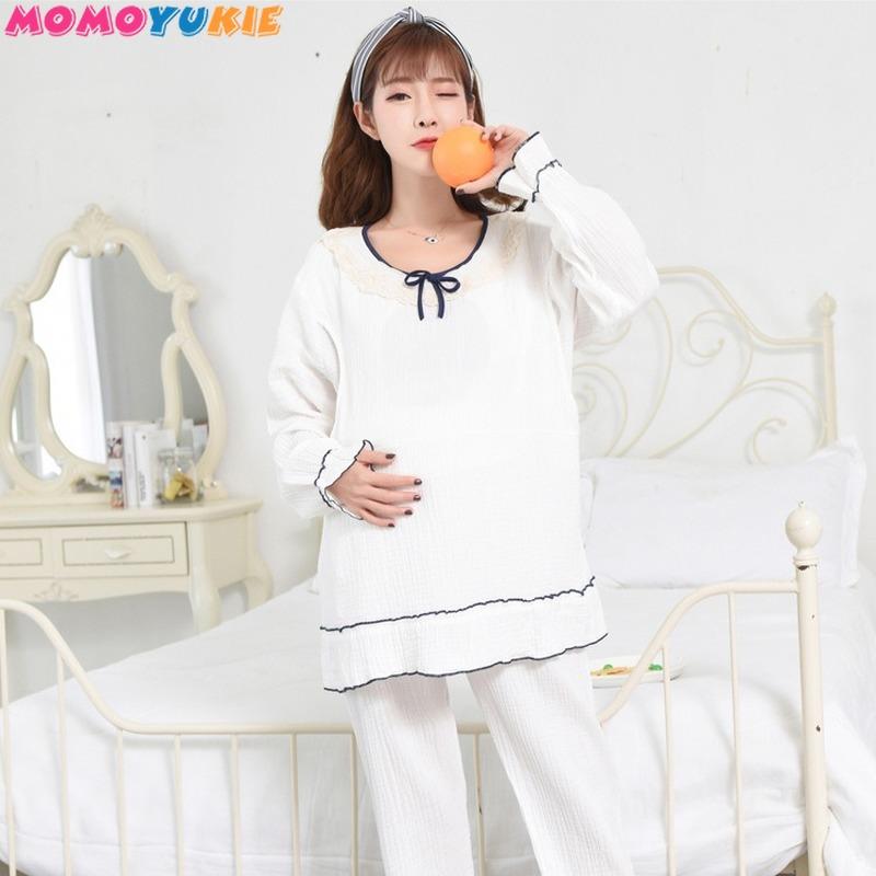 Изображение товара: Комплект осенней пижамы для беременных с длинными рукавами, хлопковые рубашки для сна + брюки для кормящих женщин, одежда для сна для грудного вскармливания