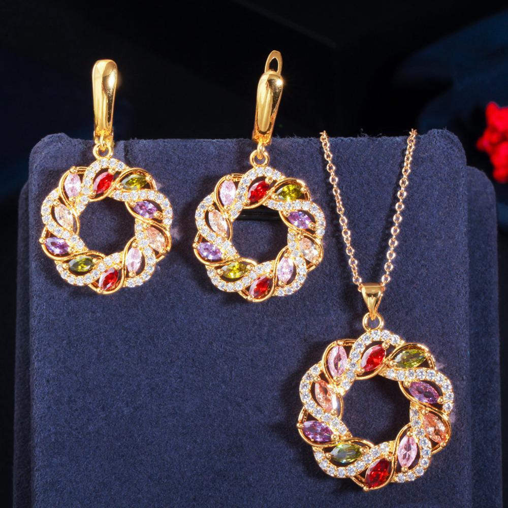 Изображение товара: Pera, новая мода, корейский стиль, разноцветный цветок, розовое золото, кубический цирконий, серьги-гвоздики, ожерелье, набор для женщин, ювелирные изделия J243