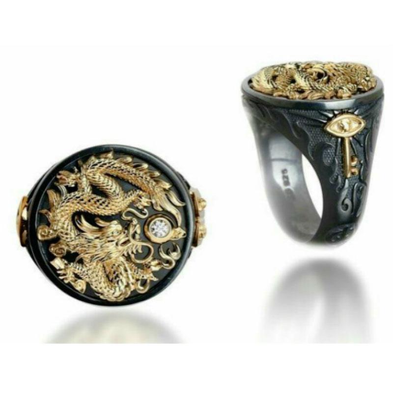 Изображение товара: Изысканная модель, золотое, черное кольцо, золотистый дракон с фианитом, каменный шар, мужское кольцо, Винтажное кольцо на палец в стиле панк, ювелирные изделия для мужчин и женщин