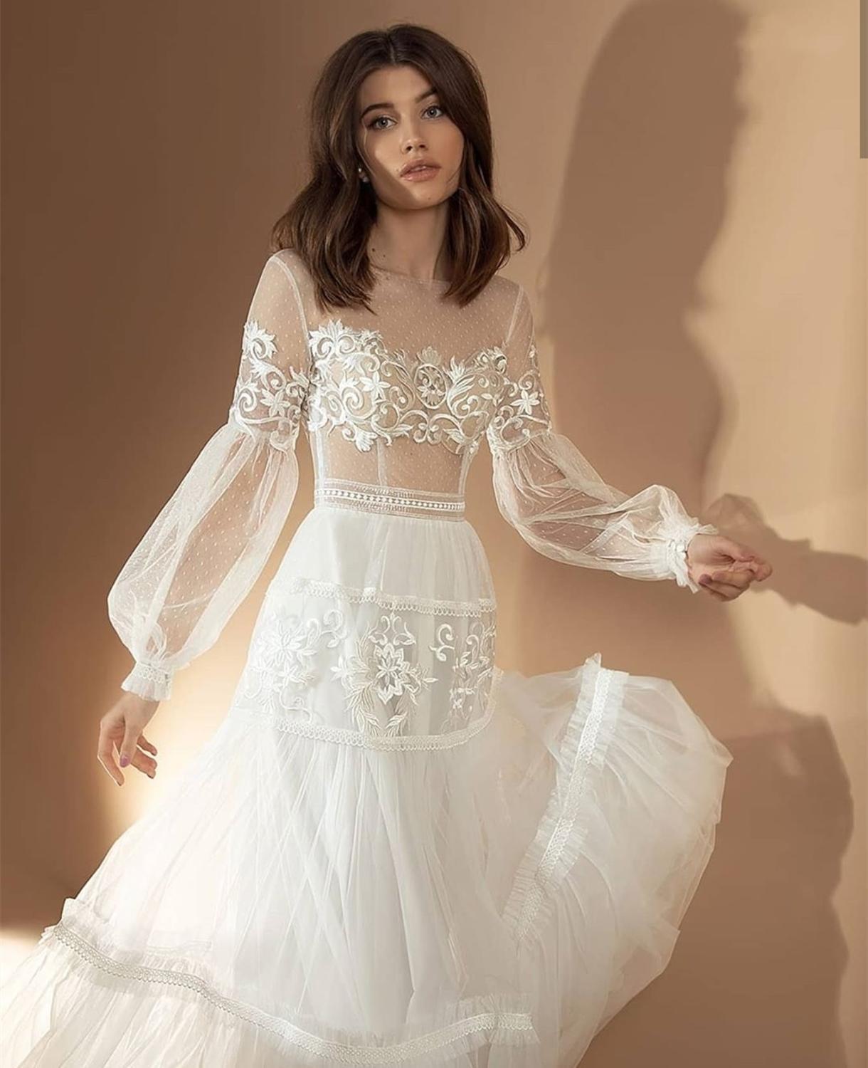 Изображение товара: Свадебное платье в пол, шифоновое, с длинным рукавом, в стиле бохо, с кружевными аппликациями