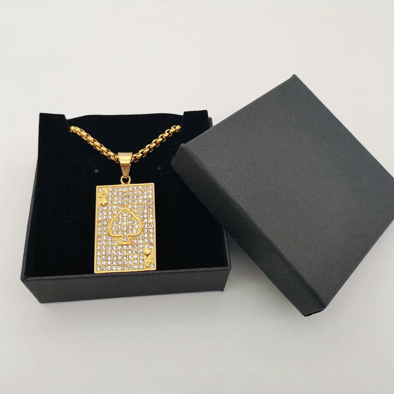 Изображение товара: Bling Bling Full rhinestones poker Spade pendant necklace Gold color stainless steel iced out spade necklace hip hop BLKN0800