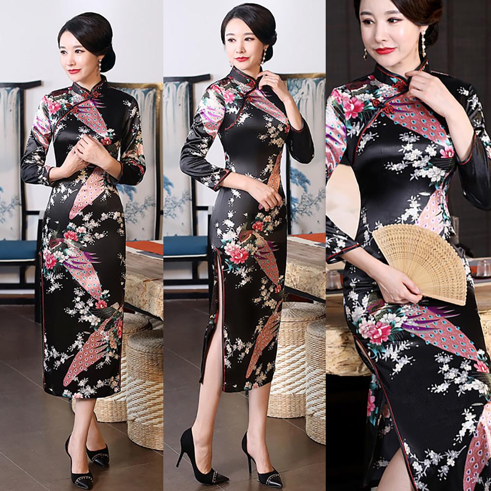 Изображение товара: Женское китайское длинное облегающее платье средней длины с рукавом 3/4 и павлином