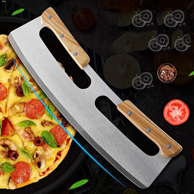 Изображение товара: Большие коммерческие нож для пиццы рокер Ножи с крышкой деревянной ручкой кресло-качалка для пиццы Slicer Mezzaluna пиццы тесто резак 157
