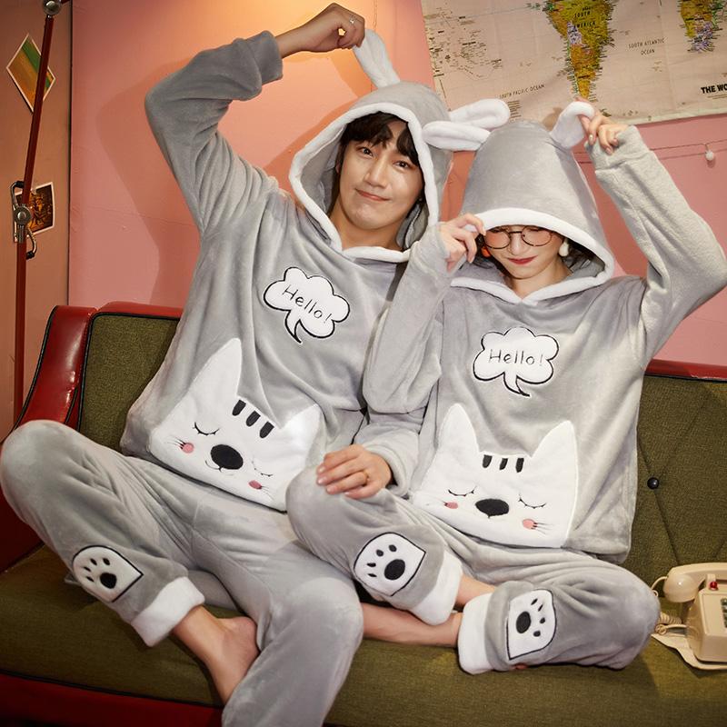 Изображение товара: Зимняя Милая одежда для сна, теплая фланелевая ночная рубашка с длинными рукавами и капюшоном для мужчин и женщин, одежда для сна с рисунками животных