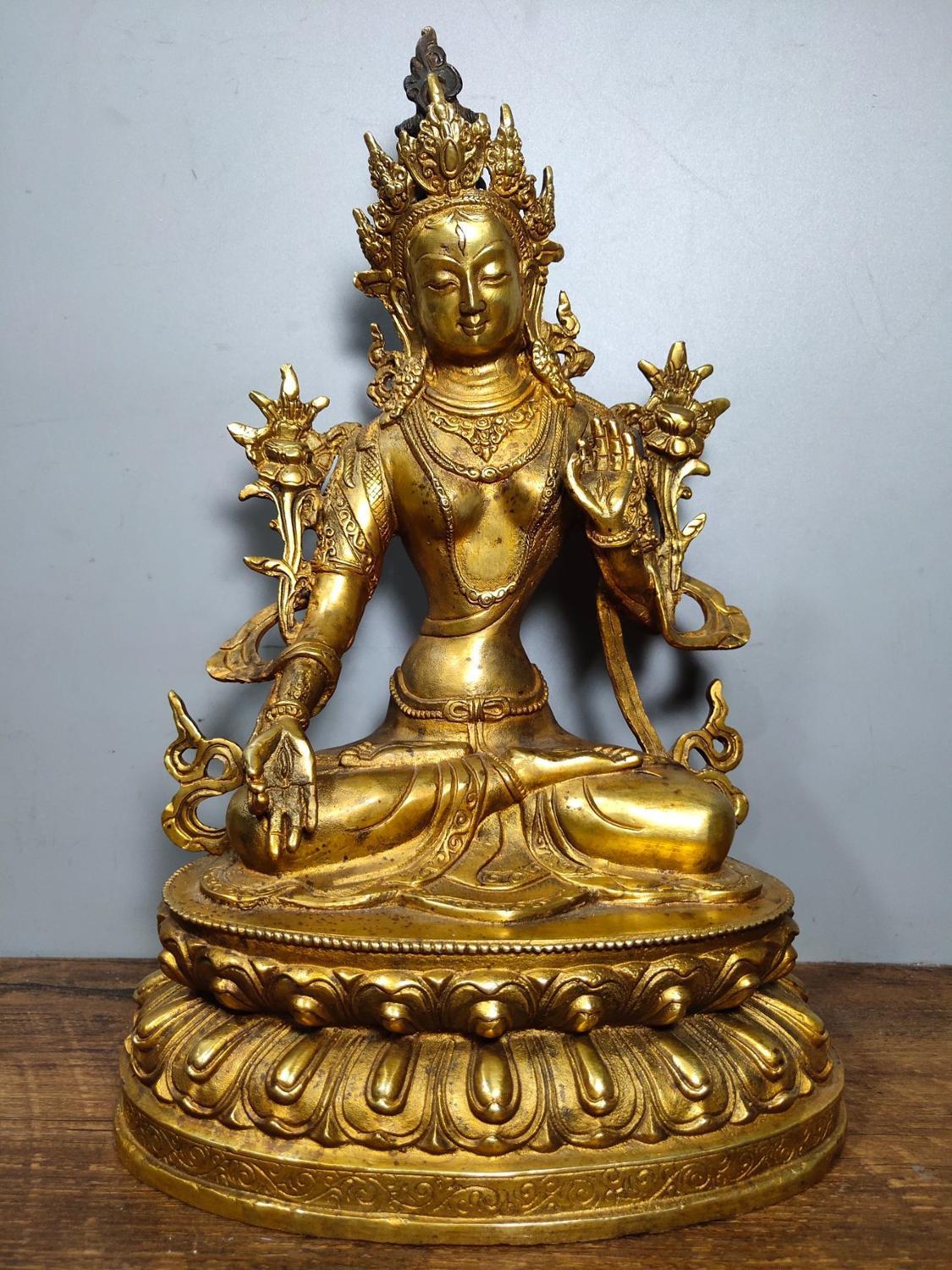Изображение товара: 12 дюймов Тибетский буддистский храм бронзовая позолоченная Белая Тара статуя бодхисаттвы статуя АВАЛОКИТЕШВАРЫ статуя amatorha, Хранитель Будды