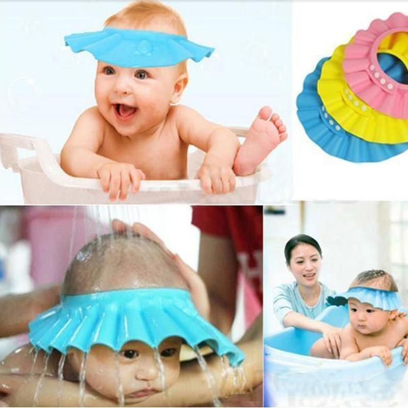 Изображение товара: Детская шапочка для шампуня для мытья волос, детские шапочки с козырьком для ванны, регулируемый щит, водонепроницаемая защита ушей, детские шапки для младенцев