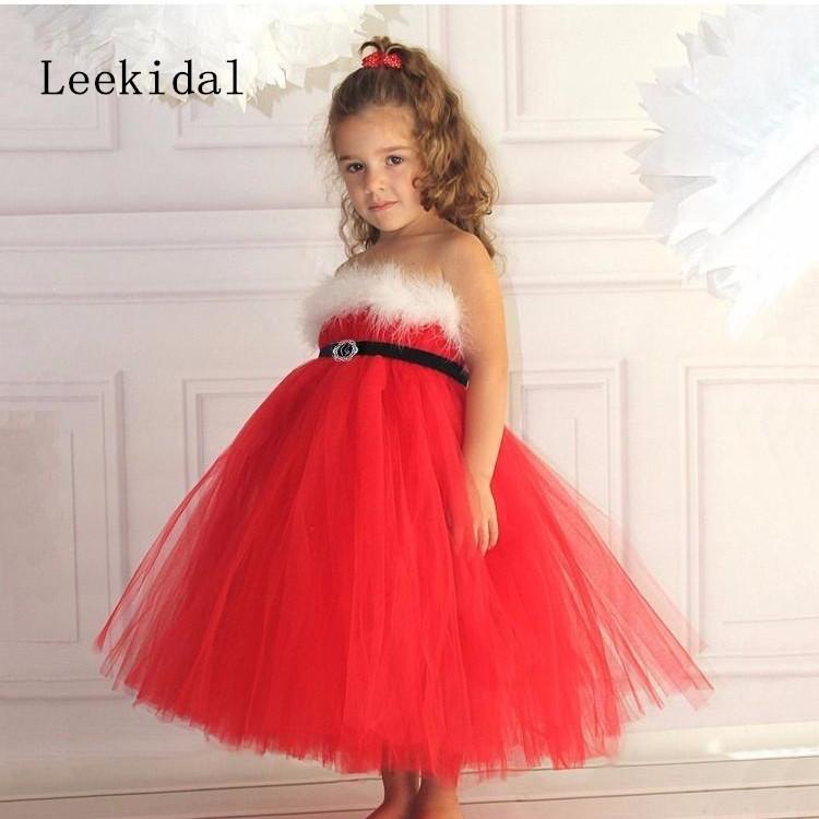 Изображение товара: Милое красное платье с перьями и цветами для девочек на свадьбу, бальное платье, рождественское платье для маленьких детей, пышное платье для причастия, платья