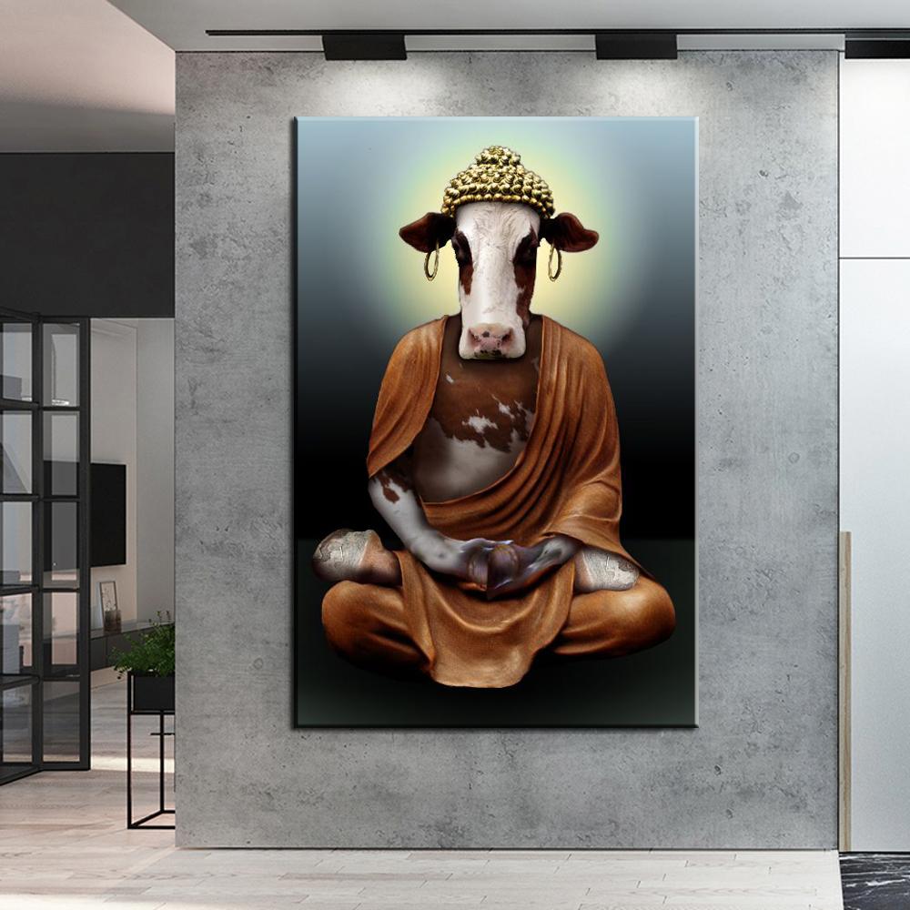 Изображение товара: Картина на холсте буддистская с забавными животными, настенные художественные плакаты с принтом Будды, настенные картины для гостиной, домашний декор
