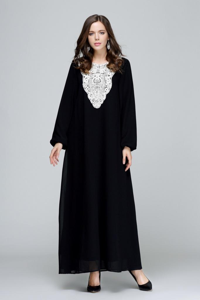 Изображение товара: Дубай арабское платье абайя, кафтан Лоскутные свободные трапециевидные платья Хиджаб для женщин длинные рукава большие качели платья Костюмы