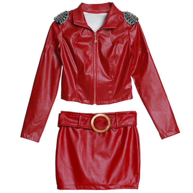 Изображение товара: Женский облегающий костюм из двух предметов, короткая куртка из искусственной кожи и юбка из искусственной кожи, эластичный костюм, A253, Осень-зима 2020