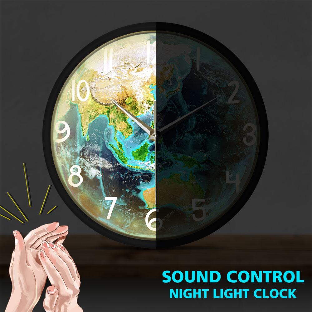 Изображение товара: Современные настенные часы Planet Earth, Светодиодный светящийся звук, активированный Ночной светильник с голосовым управлением, металлическая рамка, бесшумные кварцевые часы