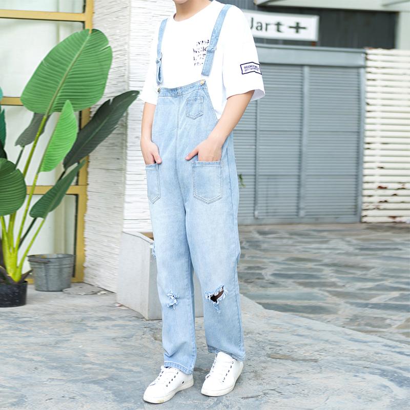 Изображение товара: Комбинезон мужской джинсовый на лямках, модный Свободный комбинезон с большими дырками, в Корейском стиле, на лямках, для пар, на лето