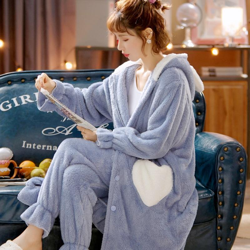 Изображение товара: Симпатичная женская пижама из 2 предметов с мультяшным рисунком зимняя Коралловая Бриллиантовая одежда теплая ночная рубашка женская одежда для сна большого размера