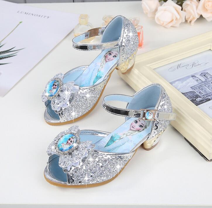 Изображение товара: Детские сандалии с дизайном «Эльза» для девочек, детские высокий каблук, блестящая обувь с бантом, летние сандалии принцессы для танцев, свадебные туфли
