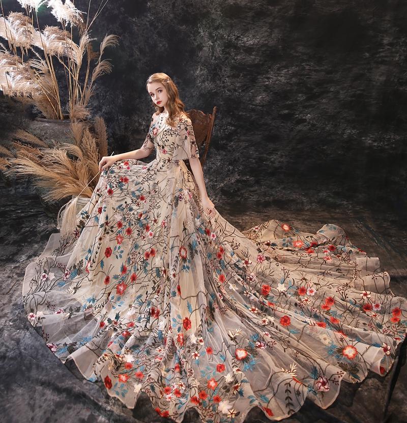 Изображение товара: Длинное торжественное платье Шампань вечерние платья для женщин с коротким рукавом Цветы а линия Vestidos Elegantes Para Mujer 2020 New
