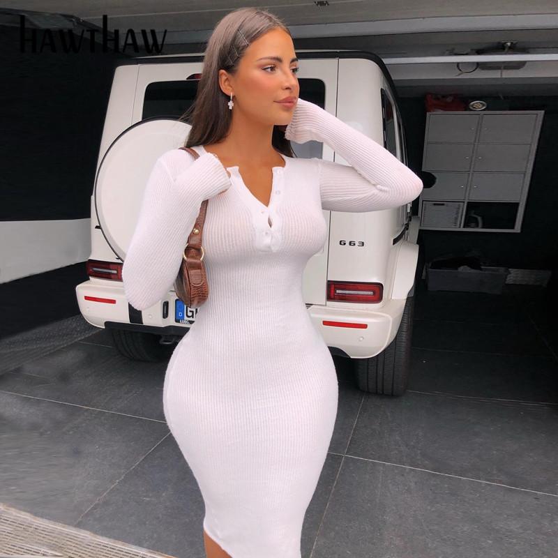 Изображение товара: Женское осеннее уличное платье Hawthaw, облегающее однотонное короткое белое мини-платье с длинным рукавом, осень 2020
